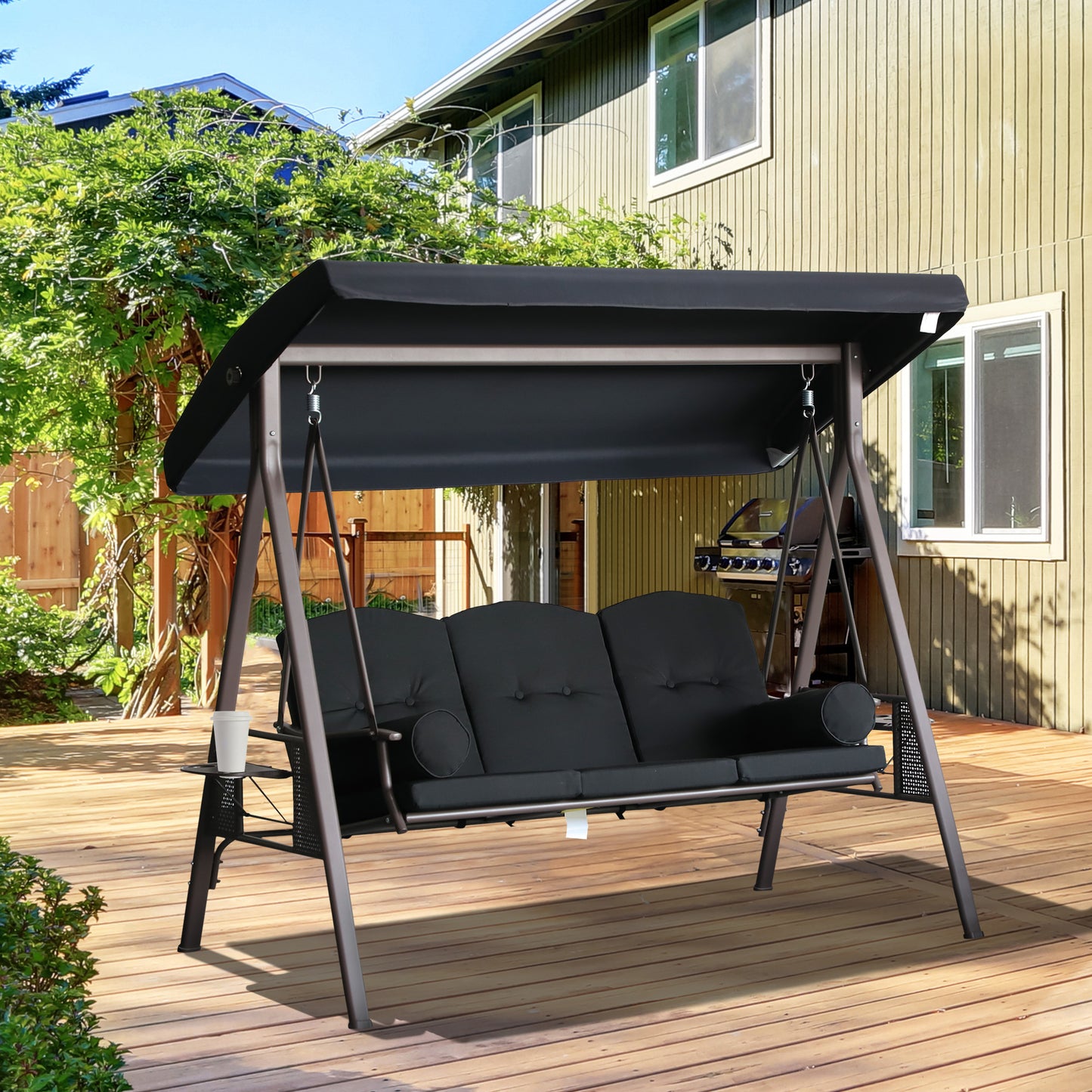 Outsunny Outdoor Patio 3-Person Steel Canopy Cushioned Seat Bench Swing with Included Side Trays & Padded Comfort, Black | Aosom Canada