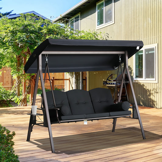Outsunny Outdoor Patio 3-Person Steel Canopy Cushioned Seat Bench Swing with Included Side Trays & Padded Comfort, Black | Aosom Canada
