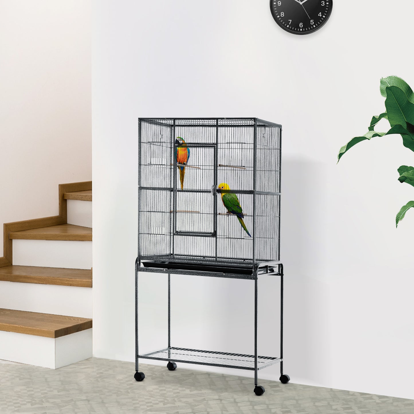 PawHut 30'' Large Rolling Metal Bird Cage Bird House with Detachable Rolling Stand, Storage Shelf, Wood Perch, Food Container | Aosom Canada