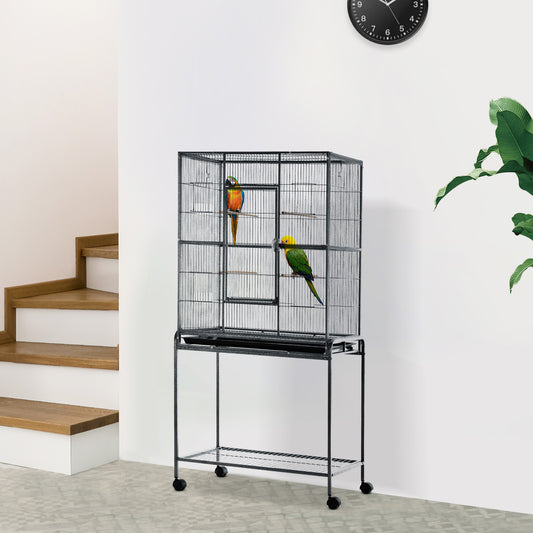 PawHut 30'' Large Rolling Metal Bird Cage Bird House with Detachable Rolling Stand, Storage Shelf, Wood Perch, Food Container | Aosom Canada