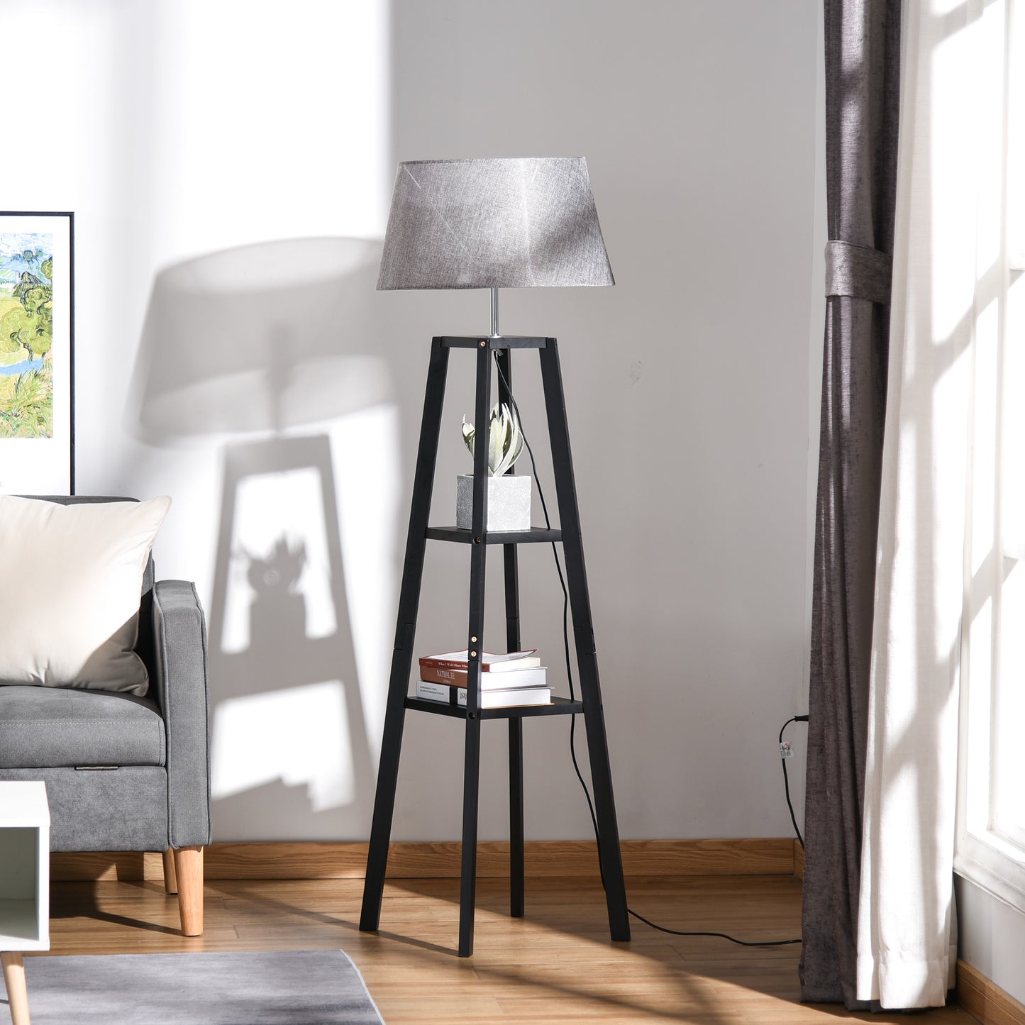 HOMCOM Modern Design Floor Lamp with Three Shelves and Linen Shade Reading Lights for Living Room, Bedroom, Study Room and Office | Aosom Canada