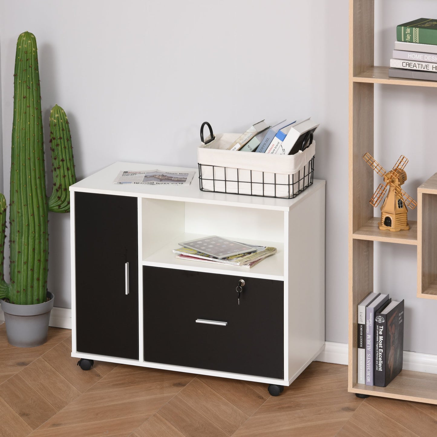 HOMCOM Rolling Office File Cabinet with Drawer for Legal Letter Sized Hanging Files Printer Stand w/ Shelf Wooden Documents Storage  | Aosom Canada