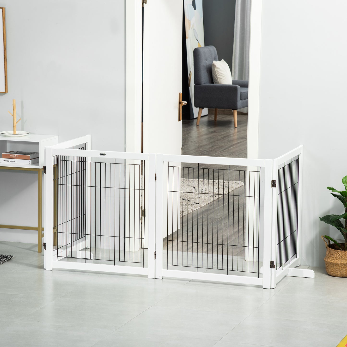 PawHut Wooden Foldable Small & Medium-Sized Dog Gate 4 Panel with Support Feet Pet Fence Freestanding Safety Barrier, White | Aosom Canada