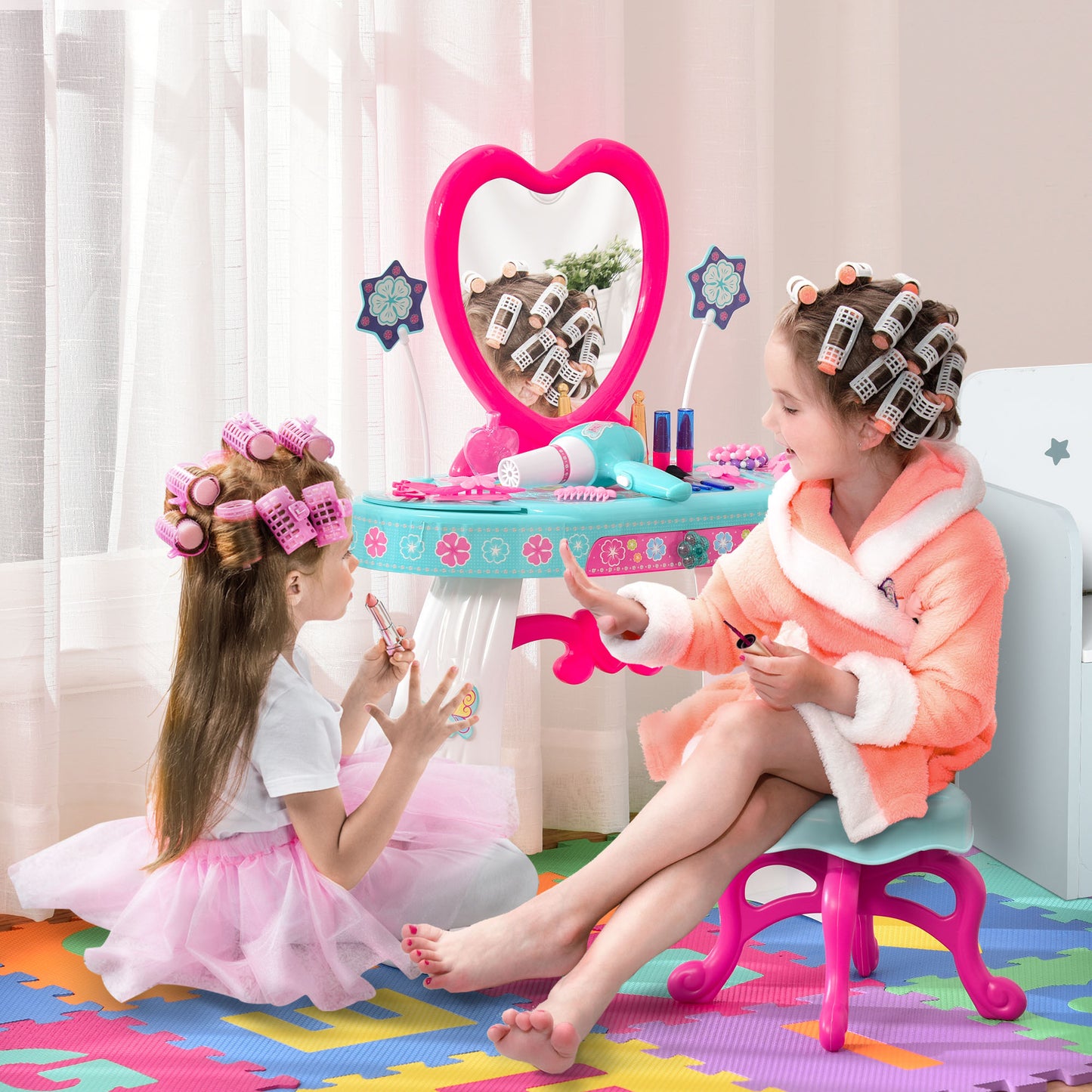 Qaba 33 Pcs Kids Vanity Dressing Table Princess Pretend Play Glamour Makeup Set Realistic w/ Stool for 3 Years Old Lake Blue+White | Aosom Canada