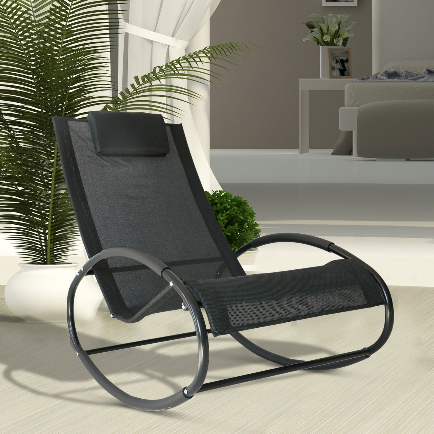 Outsunny Patio Rocking Lounge Chair Recliner Seat w/ Pillow Black | Aosom Canada