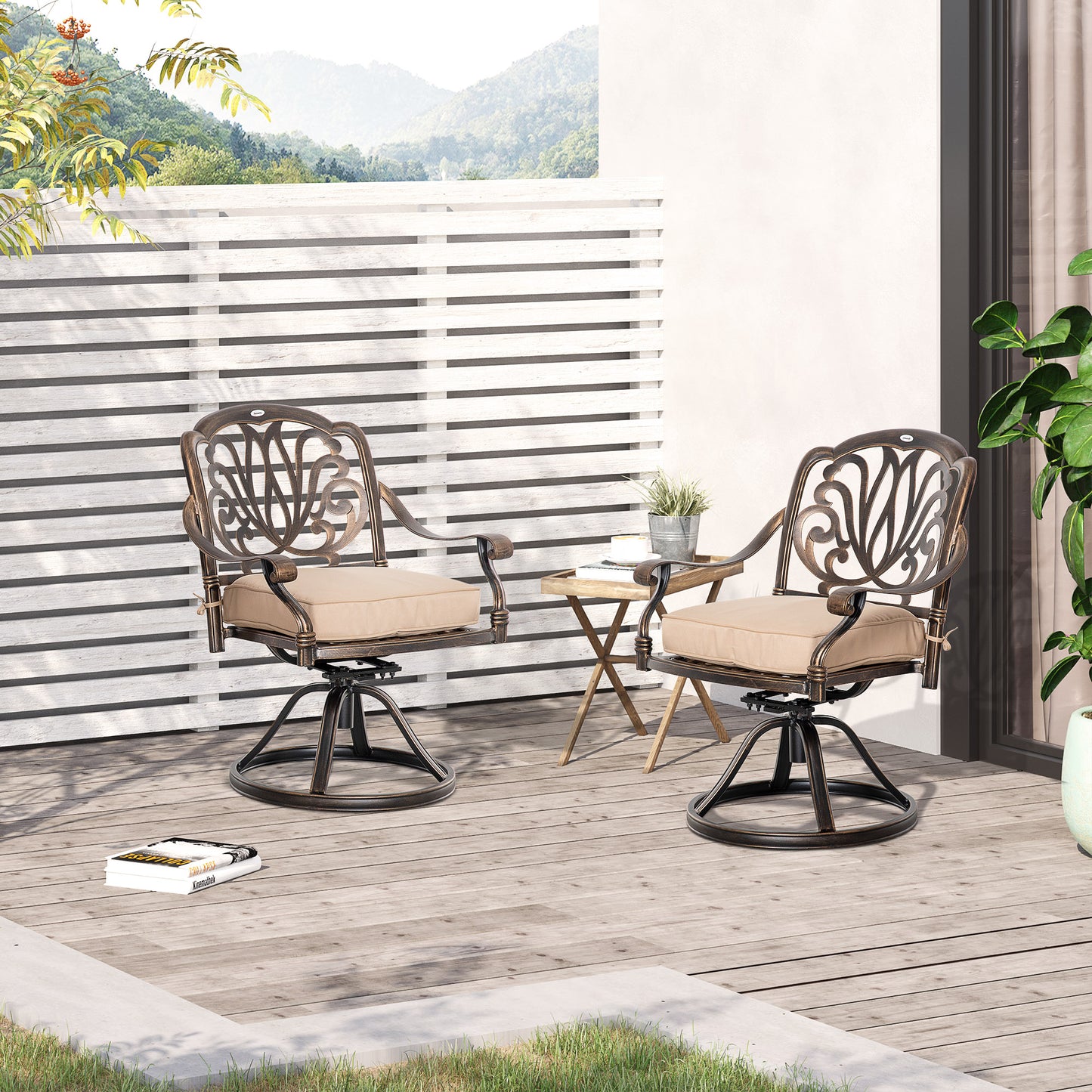 Outsunny 2-Piece Outdoor Bistro Set, 360° Swivel Rocking Chairs with Cushion, Aluminum Frame, Bronze | Aosom Canada
