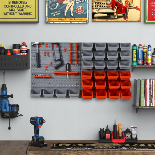 DURHAND 44PC Wall Mounted Storage Bins Parts Rack Kit with Storage Bins, Pegboard and Hooks, Garage Plastic Organizer, Red | Aosom Canada