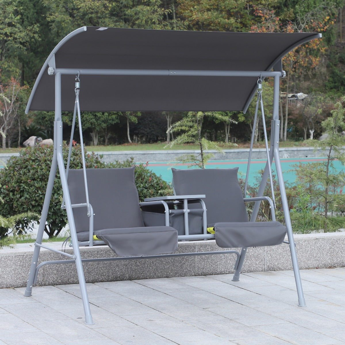 Outsunny 2 Person Covered Patio Swing w/ Pivot Table & Storage Console | Aosom Canada