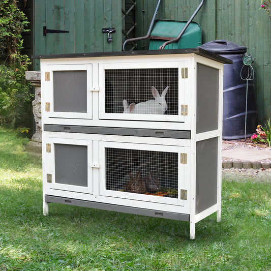Pawhut Solid Wood Rabbit/Bunny Hutch with 2 Large Main Rooms  Protection from UV Rays and Water  and Firm Cage  Grey | Aosom Canada