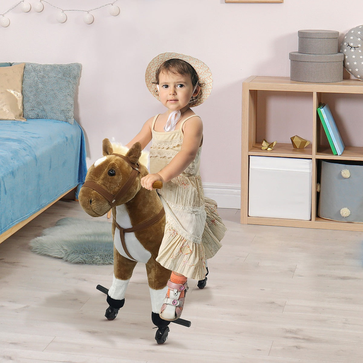 Qaba Kids Walking Pony Ride on Toy Rocking Horse Neigh Sound Plush w/ Wheel Child Gift 110lb Weight Capacity Brown | Aosom Canada