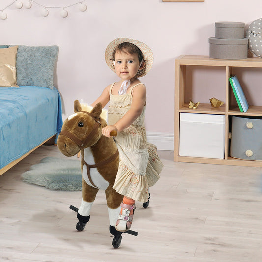 Qaba Kids Walking Pony Ride on Toy Rocking Horse Neigh Sound Plush w/ Wheel Child Gift 110lb Weight Capacity Brown | Aosom Canada
