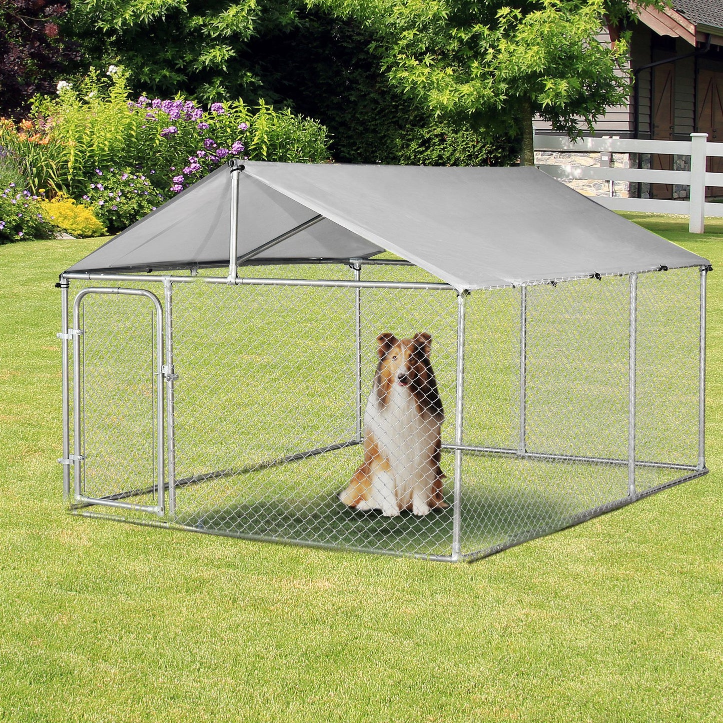 Pawhut 7.5' x 7.5 ' x 5.6' Large Outdoor Dog Kennel Galvanized Steel Fence with UV-Fighting Oxford Cloth Roof and Lock | Aosom Canada