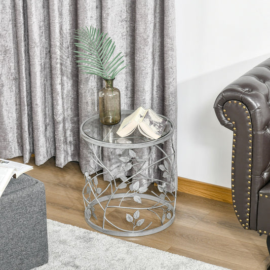 HOMCOM Tempered Glass Coffee Table Accent Side End Table with Vintage Style, Steel Frame for Living Room, Bedroom, Study, Silver | Aosom Canada