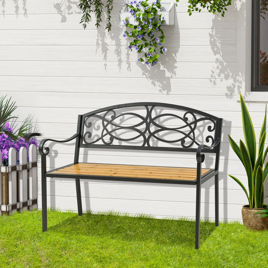 HOMCOM Garden Bench for Outdoor, 2-person Patio Bench with Steel and Wood Frame, Floral Rose Accent, Loveseat Furniture, Natural | Aosom Canada
