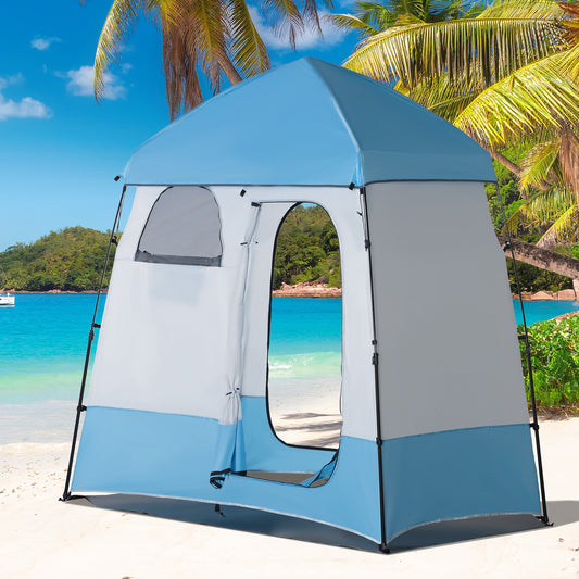 Outsunny Pop Up Shower Tent, Portable Privacy Shelter for 2 Persons, Changing Room with 2 Windows, 3 Doors, Carrying Bag, Grey and Blue | Aosom Canada