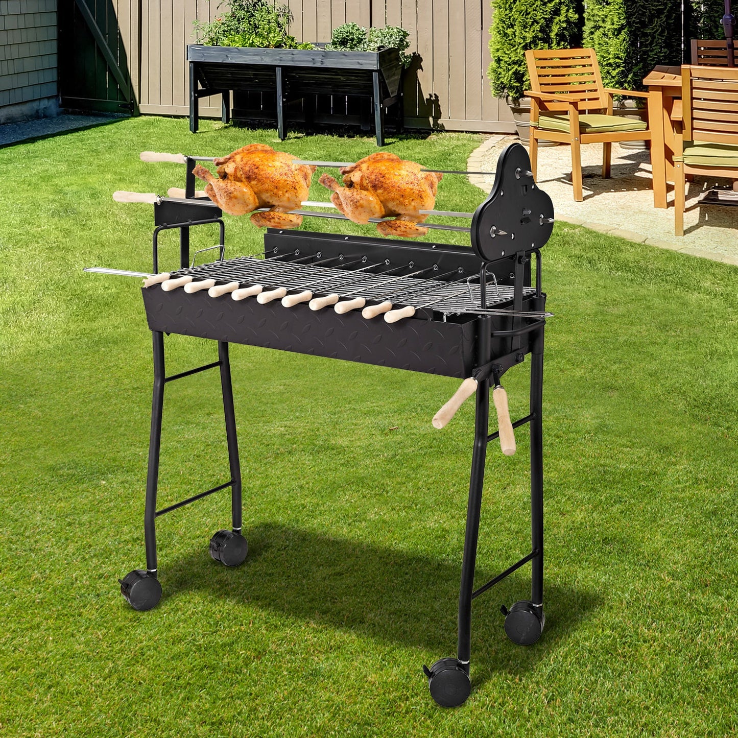 Outsunny 2 in 1 Portable Charcoal Grill Barbecue Trolley BBQ Heat Smoker Grilling w/ BBQ Forks | Aosom Canada