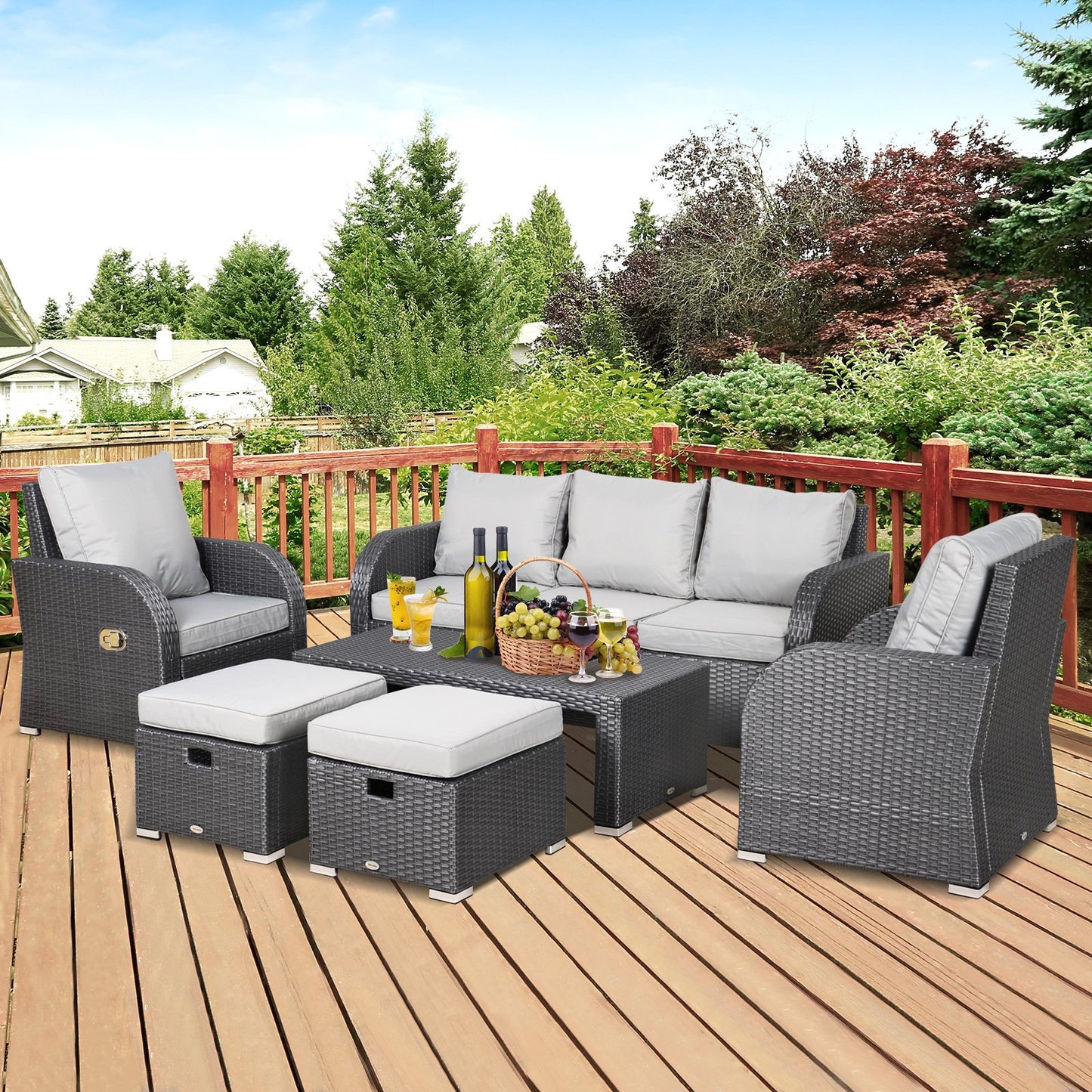 Outsunny 6-Piece Cushioned Outdoor Rattan Wicker 3-Seat Sofa Recliners Footstool Table Set | Aosom Canada