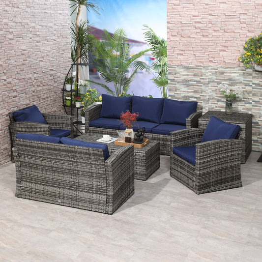Outsunny 6 Piece Outdoor Rattan Wicker Sofa Set Sectional Patio Conversation Furniture Set w/ Storage Table & Cushion Navy Blue | Aosom Canada