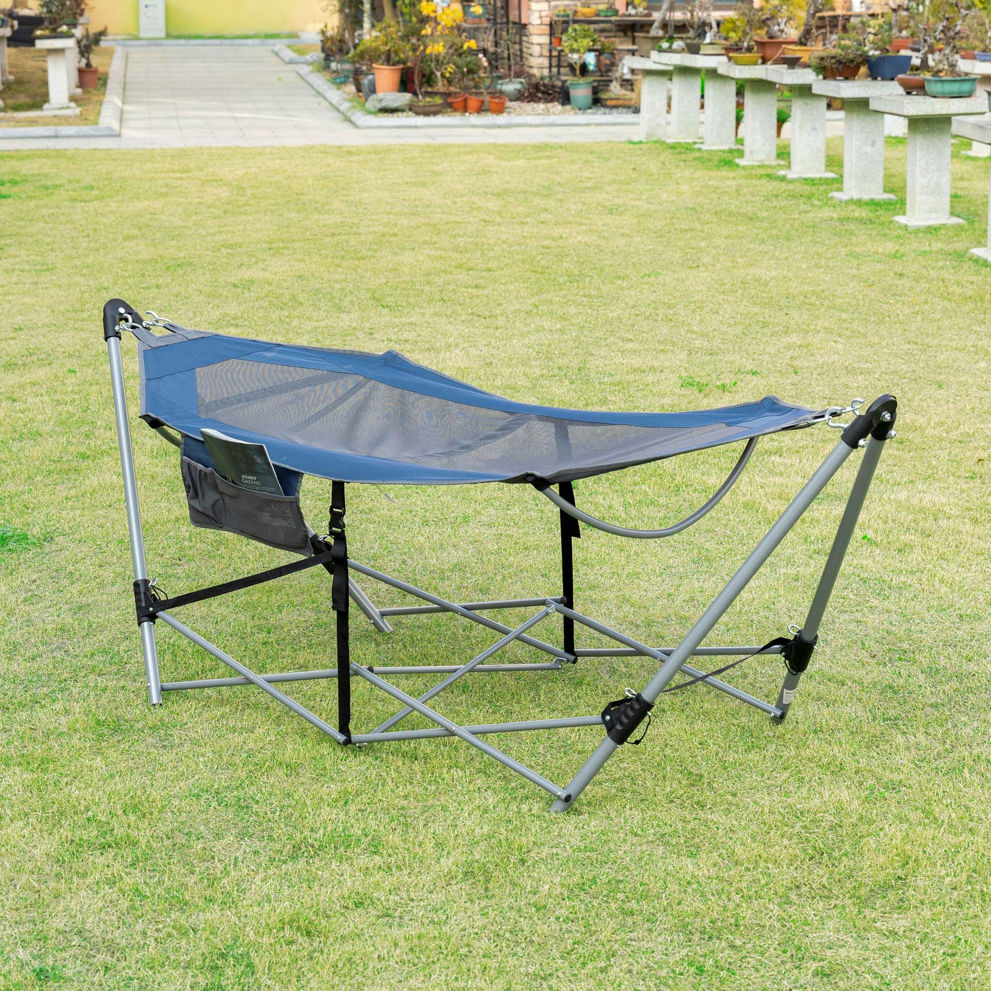 Outsunny Hammock with Stand, Portable Hammock with Carrying Bag and Pocket for Travel, Beach, Backyard, Patio, Hiking, Dark Blue | Aosom Canada