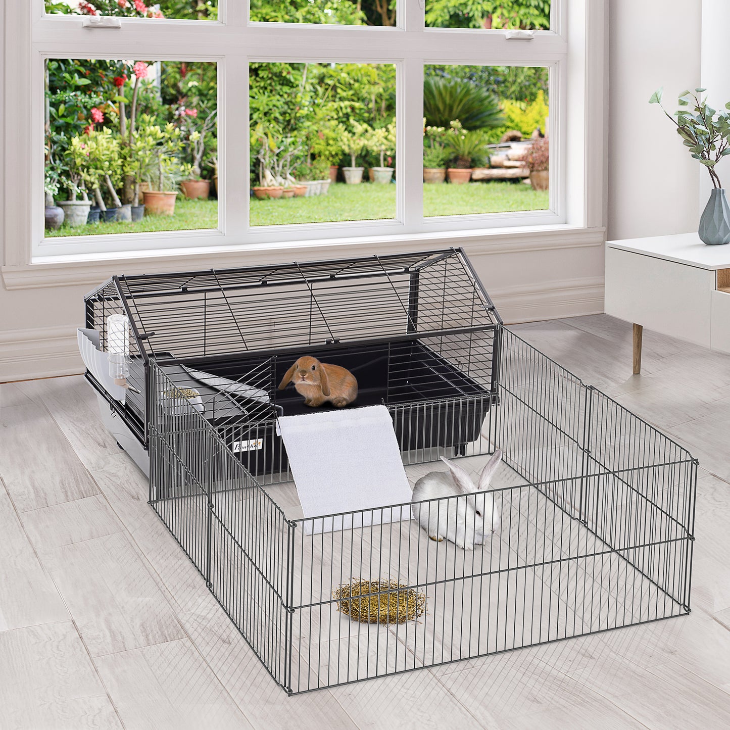 PawHut Metal Rabbit Hutch Cage Main House Guinea Pig Hutch Small Animal Shed W/ wheels and brakes, Black (34.75"Lx50.5"Wx22"H) | Aosom Canada