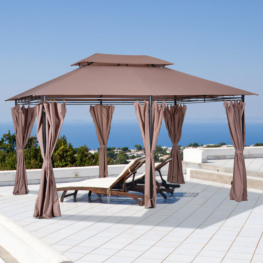Outsunny 13'L x 10'W x 8.7'H Patio Gazebo Outdoor 2-Tiers Garden Canopy Yard Sunshade Shelter with Curtains Khaki | Aosom Canada