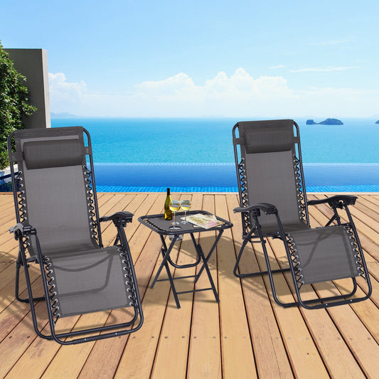 Outsunny 3pcs Zero Gravity Lounger Chair Set Patio Chaise Lounge Side Table Set w/ Cup Holder Grey | Aosom Canada
