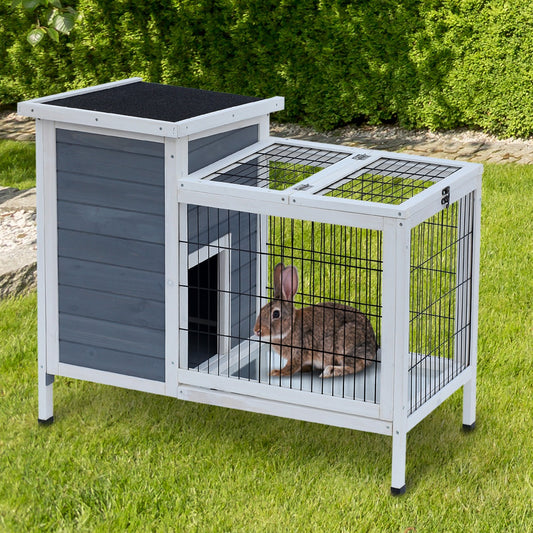 PawHut 36" Wooden Outdoor Rabbit Hutch Elevated Bunny Cage Grey/White | Aosom Canada