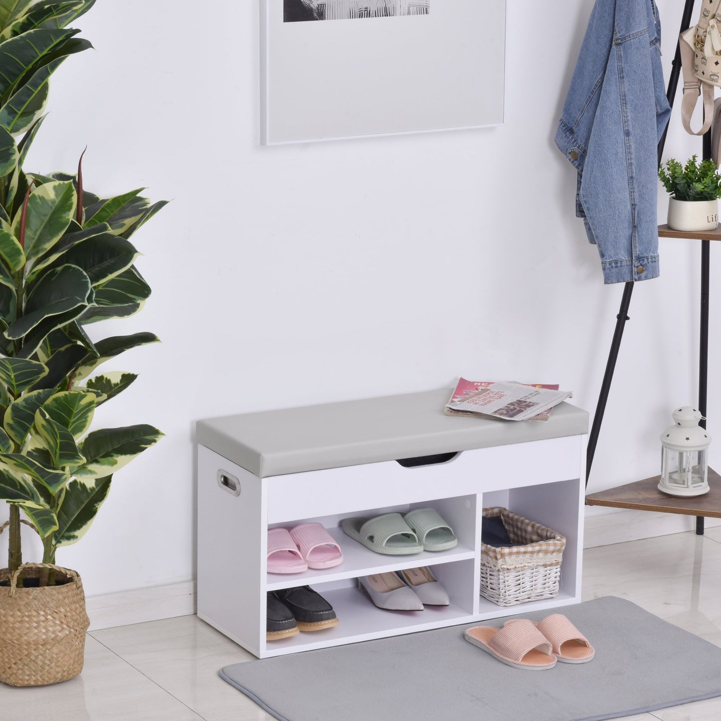 HOMCOM Shoe Bench Entryway Rack Storage Organizer with Padded Cushion PU Cover for Hallway Living Room Bedroom Corridor White and Grey | Aosom Canada