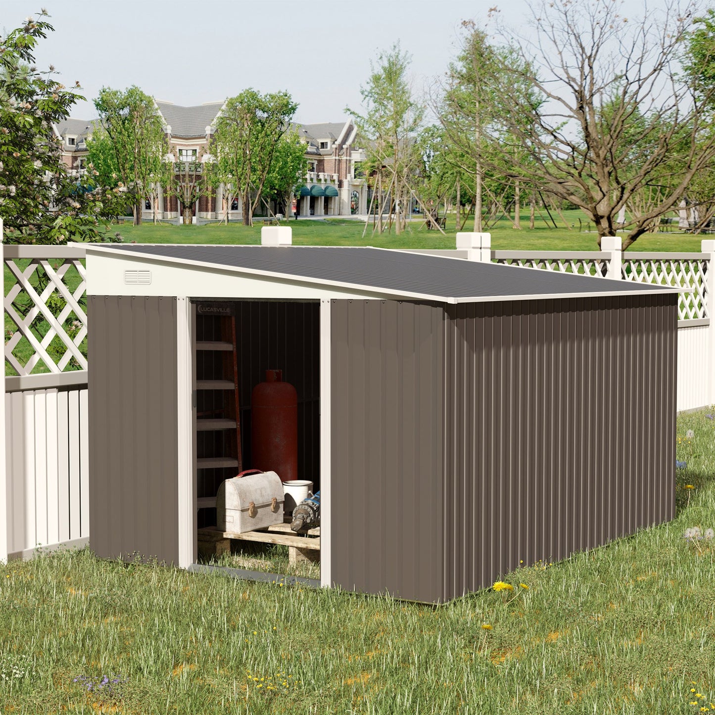 Outsunny 11.3' x 9.2' Steel Garden Storage Shed Outdoor Metal Tool House with Double Sliding Doors & 2 Air Vents, Grey | Aosom Canada
