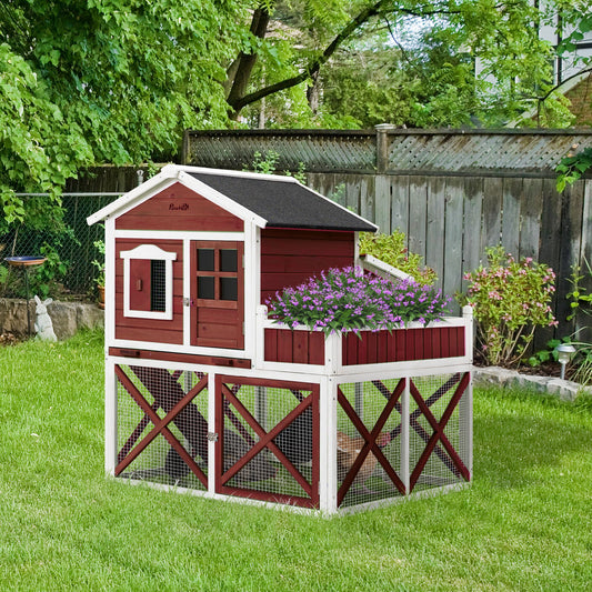 PawHut 44" Chicken Coop, Wooden Hen Run House, Rabbit Hutch with Nesting Box, Removable Tray, Asphalt Roof, Planting Lattice, Red | Aosom Canada