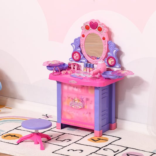 Qaba Kids Vanity Table & Stool Pretend Playset Dressing Table Set with Mirror Light Sound Working Hair Dryer Makeup Accessories | Aosom Canada