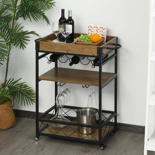 HOMCOM Retro Industrial Kitchen Cart, Rolling Bar Cart, Kitchen Island with  5-bottle Storage Wine Rack & Serving Tray | Aosom Canada