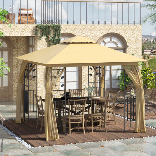 Outsunny 10'x10' Gazebo Canopy Outdoor Patio Sun Shelter UV Protect w/ 2-Tier Polyester Roof Curtain Sidewalls and Steel Frame Beige | Aosom Canada