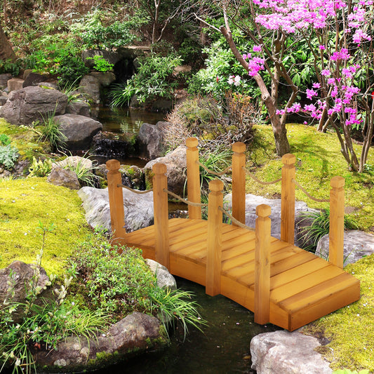 Outsunny 4FT Wooden Garden Bridge Arc Footbridge with Hemp Rope Railings & Solid Fir Construction, Orange | Aosom Canada