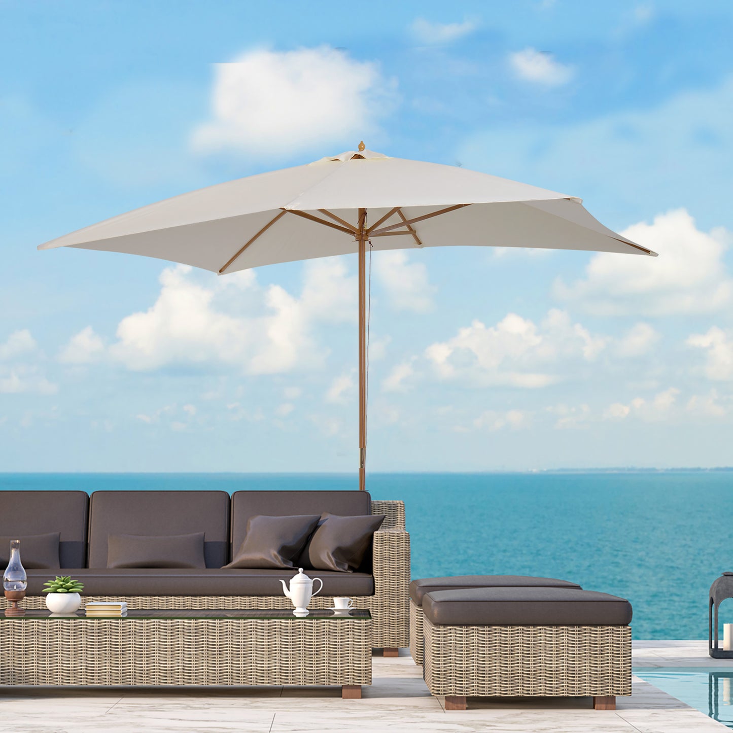 Outsunny 7’x10’ Wooden Rectangle Market Patio Sun Umbrella Garden Parasol Outdoor Sunshade Canopy (Beige) | Aosom Canada