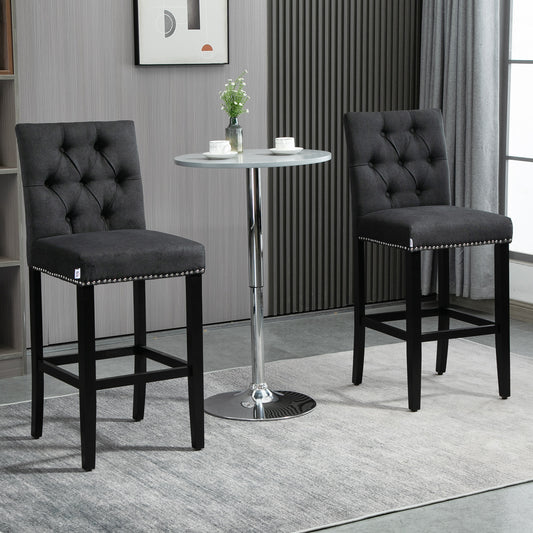 HOMCOM Fabric Bar Stool Set of 2, Tall 29.5" Seat Height Bar Chairs with Tufted Back & Wood Legs, Dark Grey | Aosom Canada