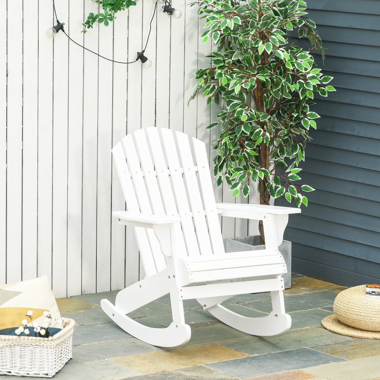 Outsunny Wooden Adirondack Rocking Chair with Slatted Wooden Design, Fanned Back, & Classic Rustic Style, White | Aosom Canada