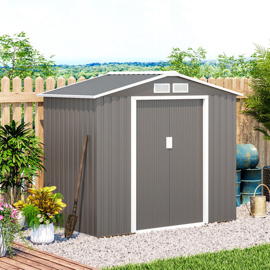 Outsunny 7' x 4' x 6' Garden Storage Shed Outdoor Patio Yard Metal Tool Storage House w/ Floor Foundation and Double Doors Grey | Aosom Canada