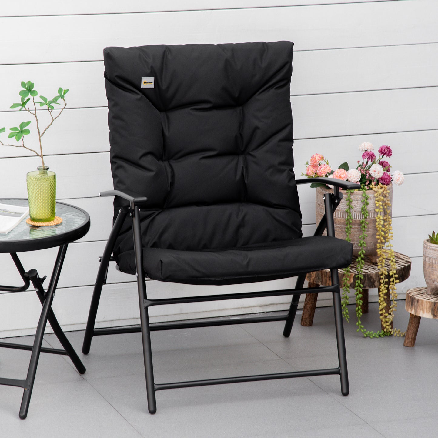 Outsunny Foldable Lounge Chair, Fabric Upholstered Recliner, Outdoor Lounger with Armrest, Metal Frame Camping Beach Chair, Black | Aosom Canada