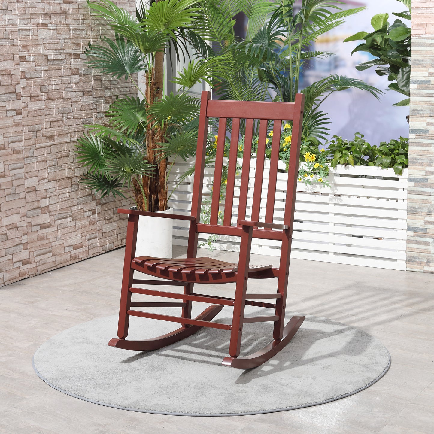 Outsunny Wooden Porch Rocking Chair Outdoor Patio Rocker Garden Single Leisure Reclining Seat Armchair Wine Red | Aosom Canada