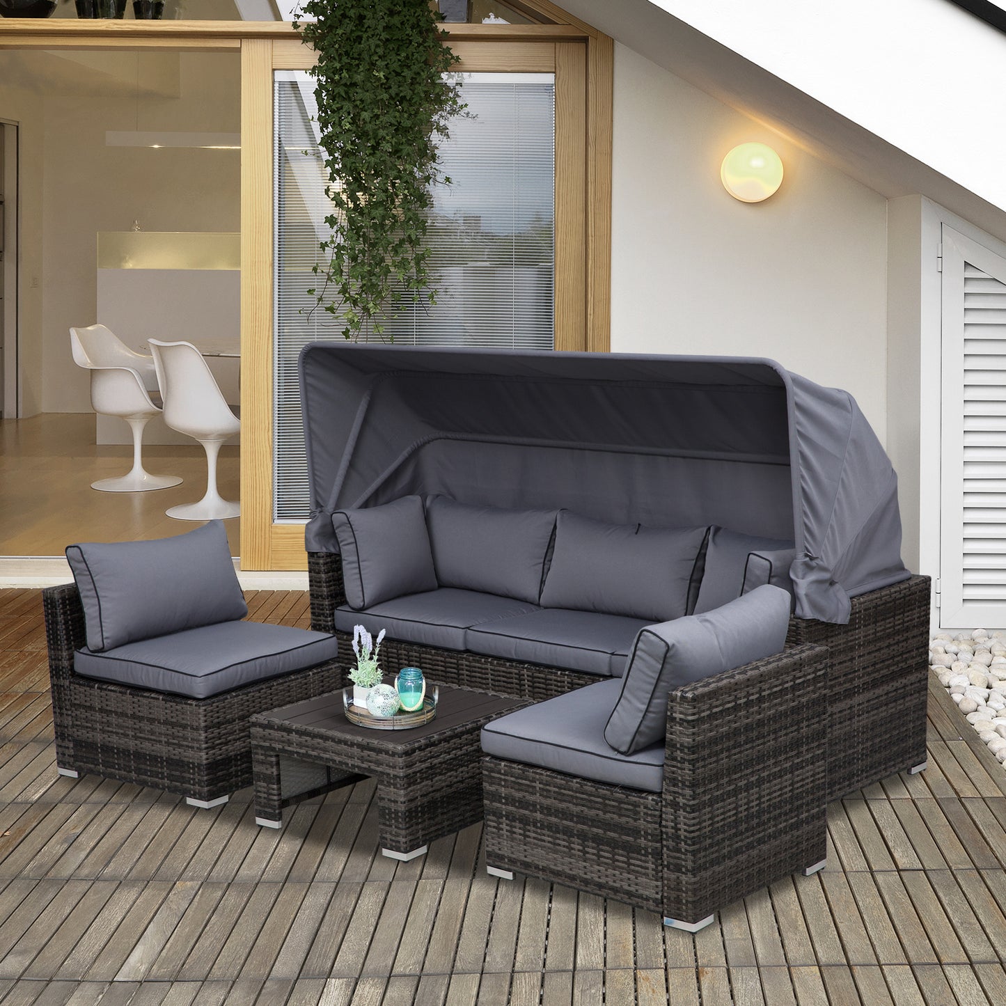 Outsunny 4-Piece Outdoor Rattan Wicker Sofa Set Patio Furniture Sets with Retractable Sun Canopy, Deep Soft Cushions, Grey | Aosom Canada