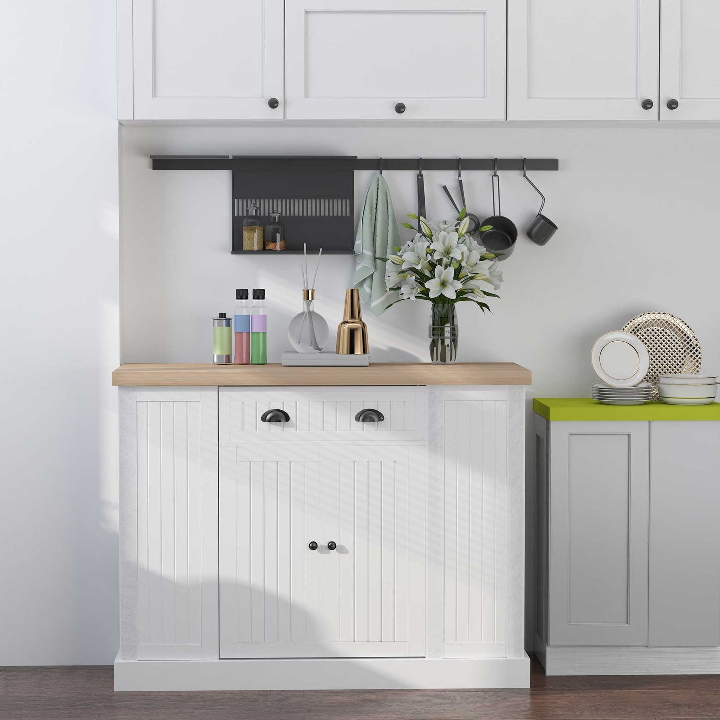 HOMCOM Fluted-Style Wooden Kitchen Island, Storage Cabinet with Drawer, Open Shelving, and Interior Shelving for Dining Room, White | Aosom Canada
