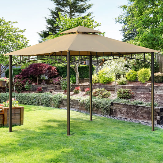 Outsunny 10' x 10' Gazebo Canopy Party Tent Garden Pavilion Patio Shelter Outdoor with Double Tiered Roof, Steel Frame, Beige | Aosom Canada