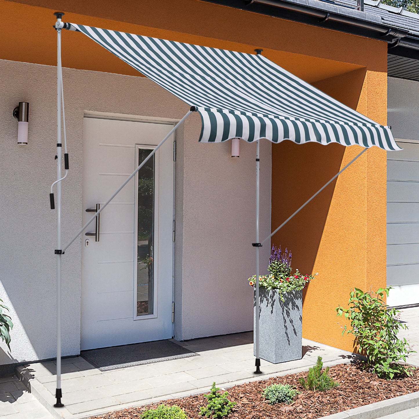 Outsunny 6.6'x5' Manual Retractable Patio Awning Window Door Sun Shade Deck Canopy Shelter Water Resistant UV Protector Green and White | Aosom Canada