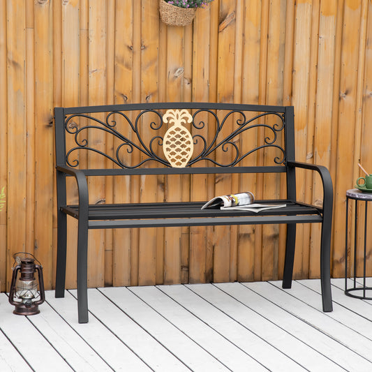 Outsunny 2 Seater Garden Bench Loveseat with Golden Pineapple on Backrest for Yard, Lawn, Porch, Patio, Steel | Aosom Canada