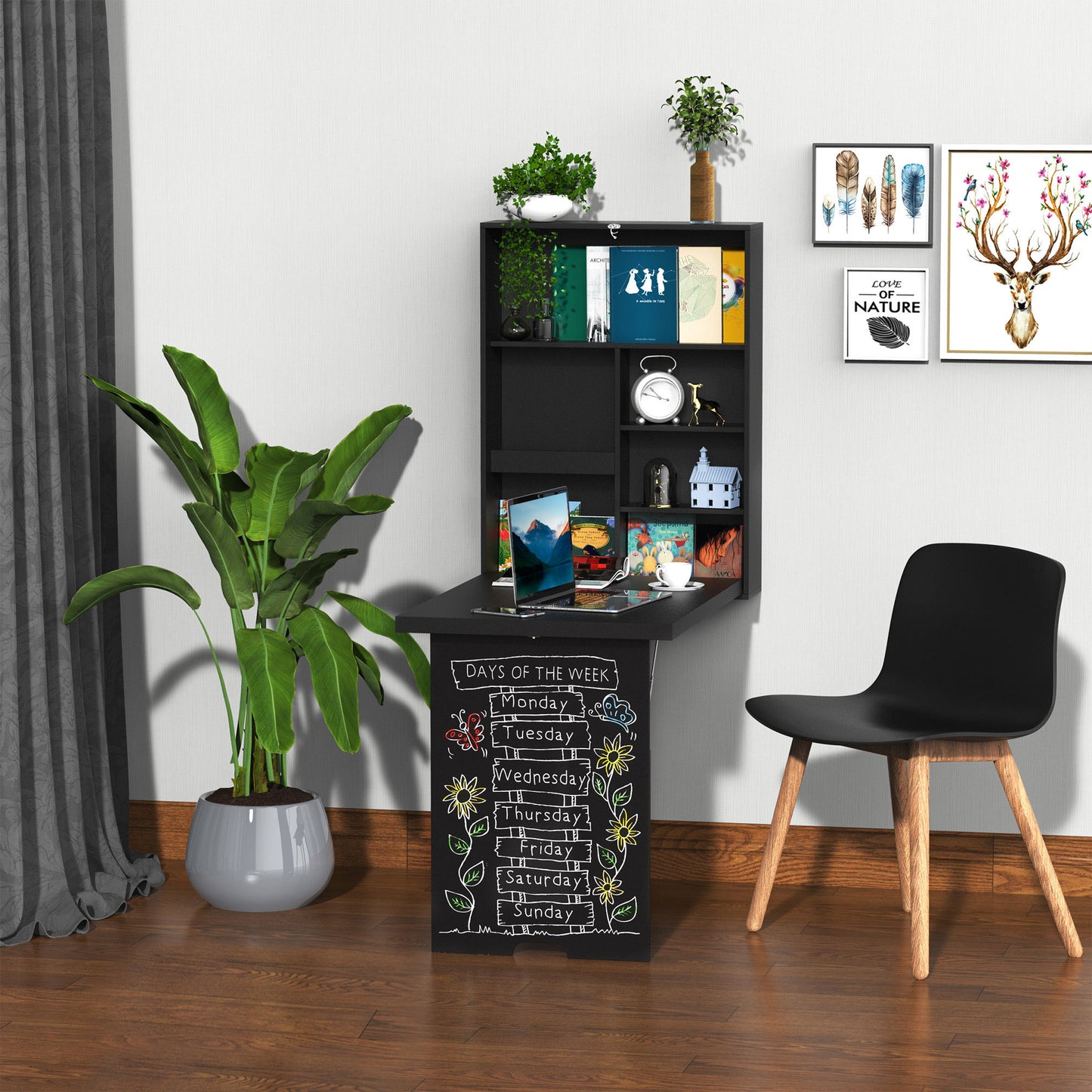 HOMCOM Wall Mounted Table Fold Out Convertible Desk Multi-Functional Standing Desk with Writing Floating Board for Students, Black | Aosom Canada
