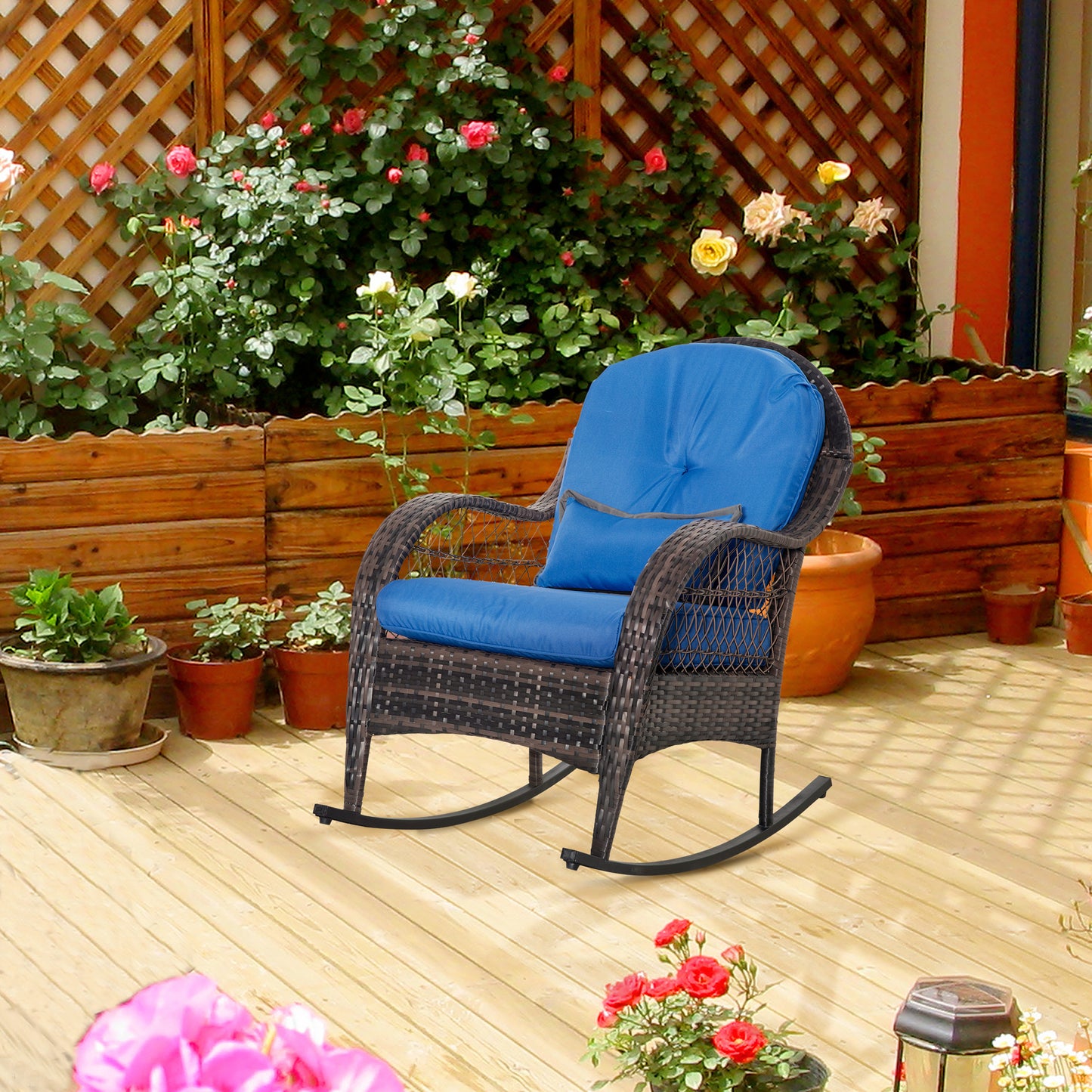 Outsunny PE Rattan Rocking Chair Garden Furniture Patio Relaxer Outdoor Wicker Conservatory w/ Cushion Blue | Aosom Canada