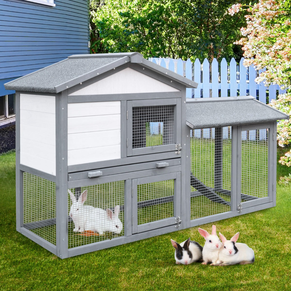 PawHut Wood Rabbit Hutch Asphalt Roof w/ Ramp and Outdoor Run | Aosom Canada