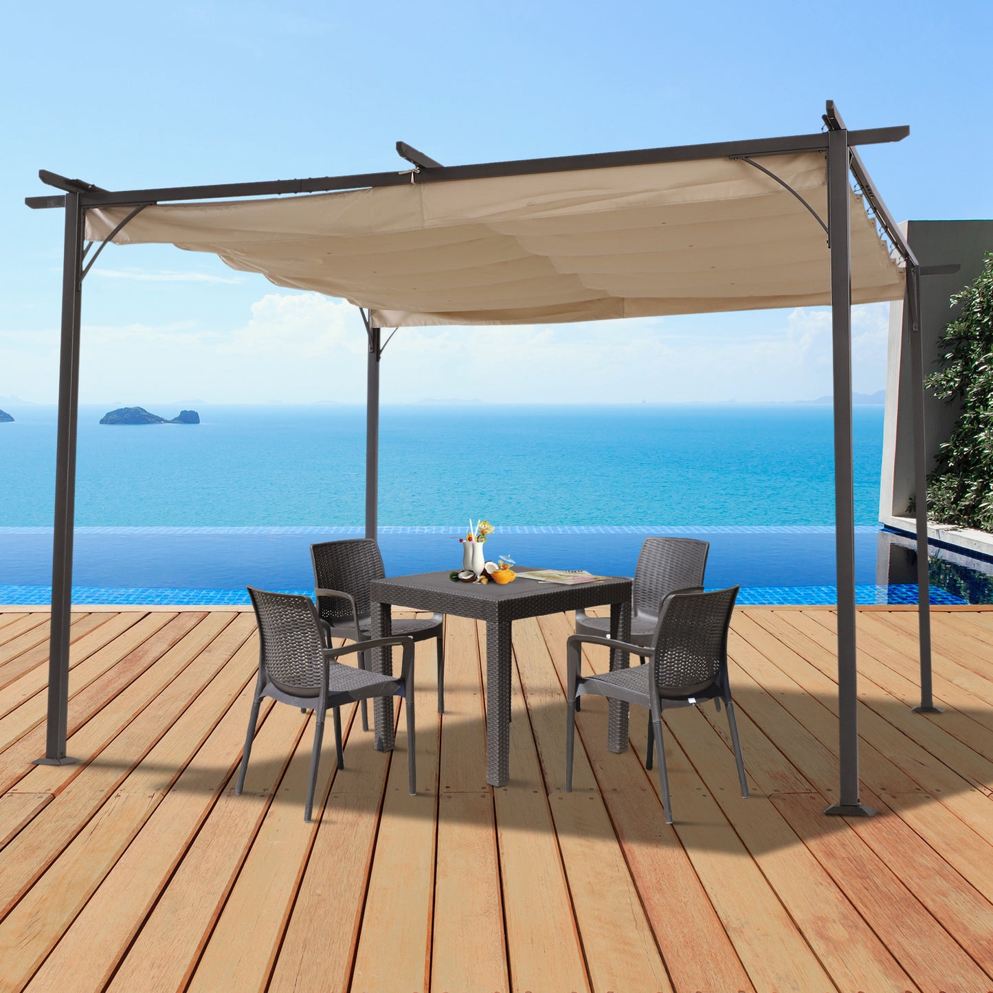 Outsunny 11.5' Outdoor Pergola Gazebo Garden Retractable Sun Shade Deck Lawn Covered Modern Square Canopy, Beige | Aosom Canada