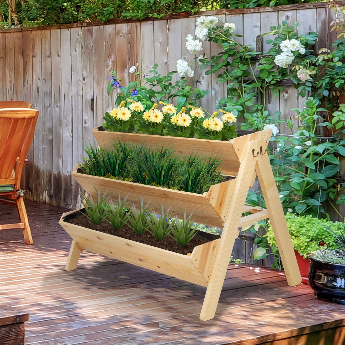 Outsunny 47.25''x26.75''x31.5'' 3 Tier Wooden Garden Flower Stand Vertical Plant Bed Storage with Clapboard, Hooks | Aosom Canada
